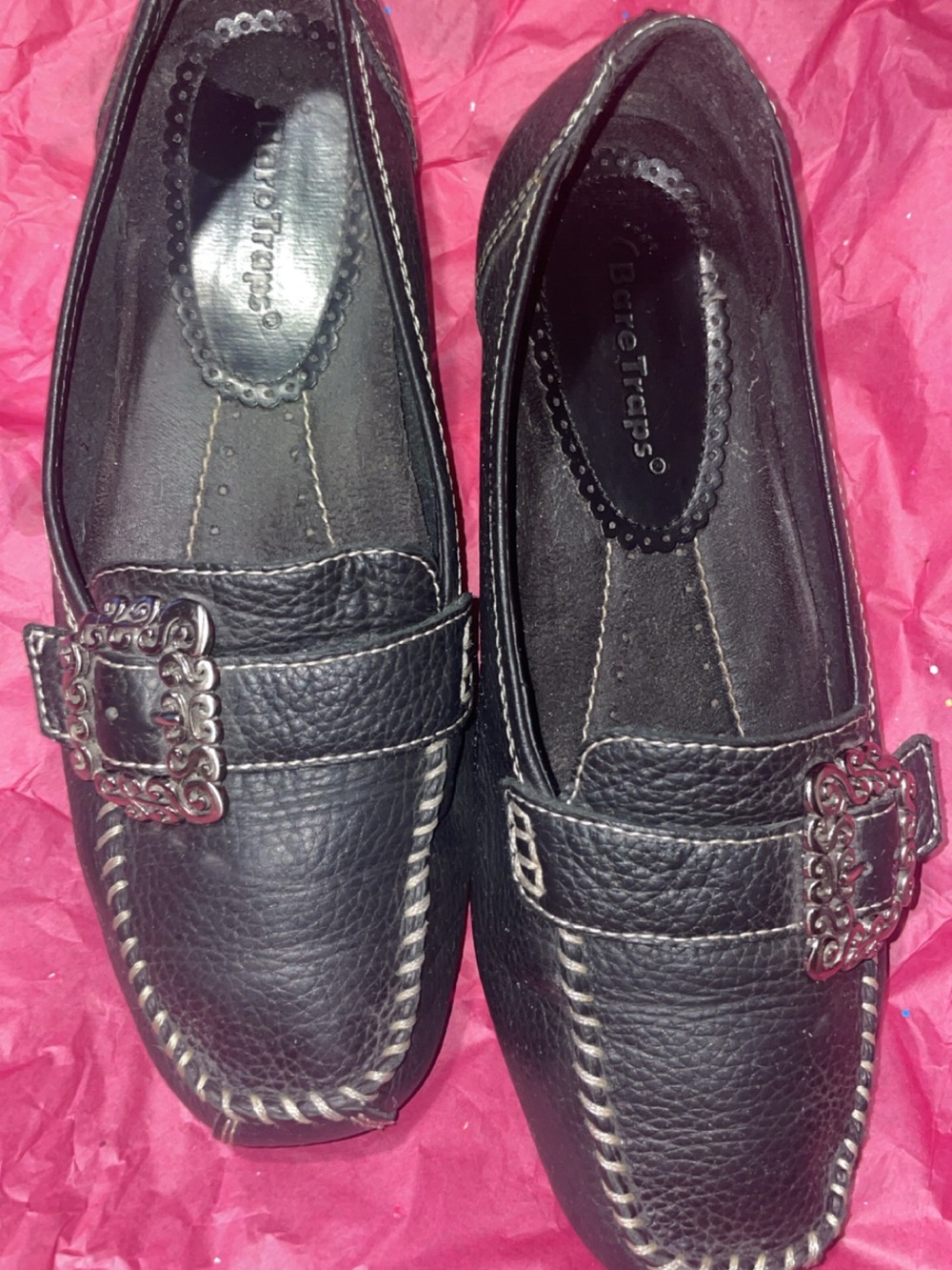 BareTraps Kids Black Leather Slip-On Loafers with Decorative Buckles Size 7